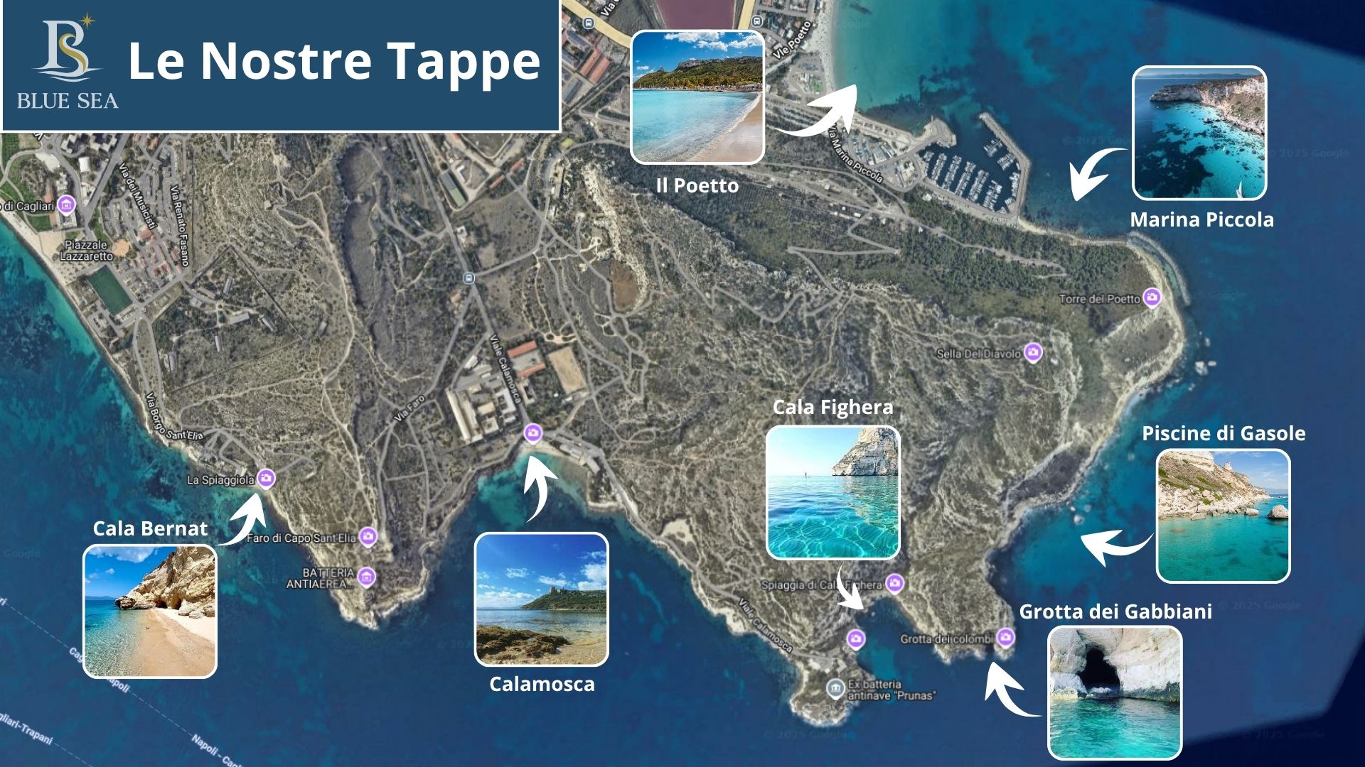 Mappa delle tappe escursione in gommone noleggio Cagliari Blue Sea Charter